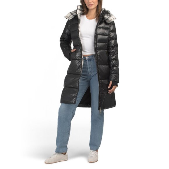 SCOTCH & SODA Black Willemina Down Fill Mixed Media Long Channel Quilted Coat - Picture 1 of 2
